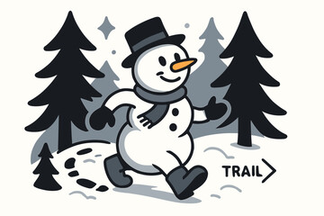 Snowman Walk Trail. Snowman ? Forest Walk. Pine silhouettes frame a smiling snowman; boot prints curve through powder. A small arrow notes ?trail?. Modern flat