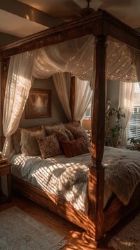 Cozy bedroom with four-poster bed and warm lighting creates a relaxing atmosphere for restful sleep