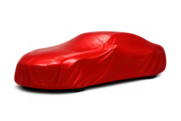 Red car under reveal cover on a transparent background, symbolizing new automobile presentation and secret unveiling