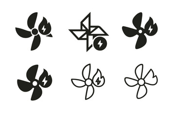 Home Maintenance Logos. Home maintenance tips. Set Logo of Home maintenance tips: HVAC fan with energy symbol. Icon set. harmonious logo variations of the same