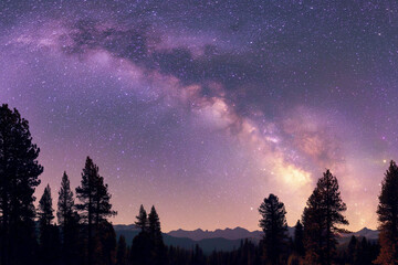 This breathtaking landscape photograph captures a clear night sky filled with stars and the glowing arc of the Milky Way stretching above silhouetted pine trees and distant mountain peaks