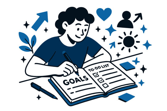 Planner Productivity Scene. A person setting goals and writing a to-do list in a planner for self-improvement. Planner open with checklist, pens, and sticky - Powered by Adobe