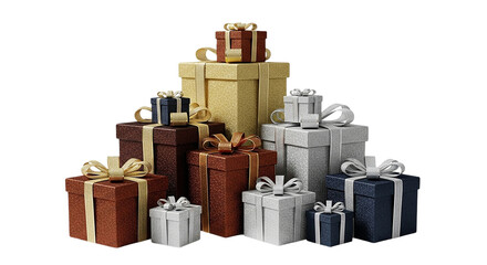 A glamorous mountain of sparkling holiday gifts each hinting at joy and surprise beautifully on...