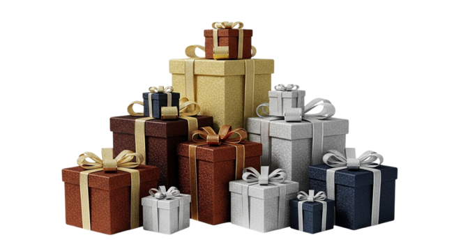 A glamorous mountain of sparkling holiday gifts each hinting at joy and surprise beautifully on transparent background