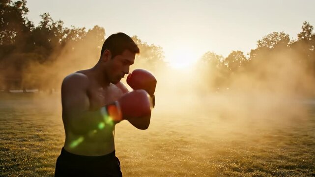 A male boxer trains outdoors at sunrise, throwing punches into the glowing light. Strength, energy, discipline, and personal motivation in a cinematic sports moment.