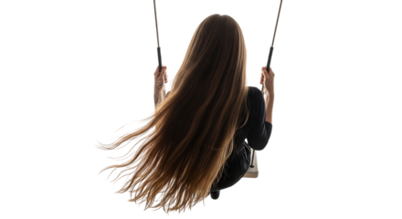 Woman with long flowing brown hair on a swing set isolated on a transparent background long hair flowing hair