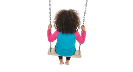 Young girl with curly hair sitting on a wooden swing set with metal chains isolated on a transparent background