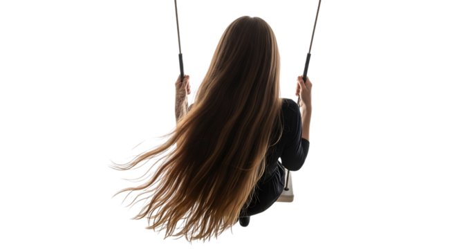 Woman with long flowing brown hair on a swing set isolated on a transparent background long hair flowing hair