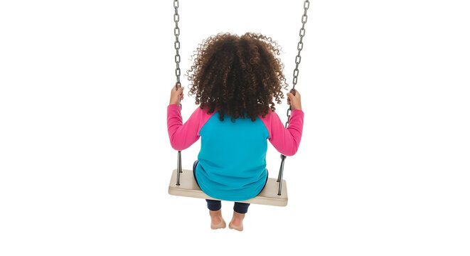 Young girl with curly hair sitting on a wooden swing set with metal chains isolated on a transparent background