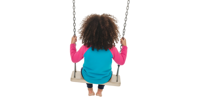 Young girl with curly hair sitting on a wooden swing set with metal chains isolated on a transparent background