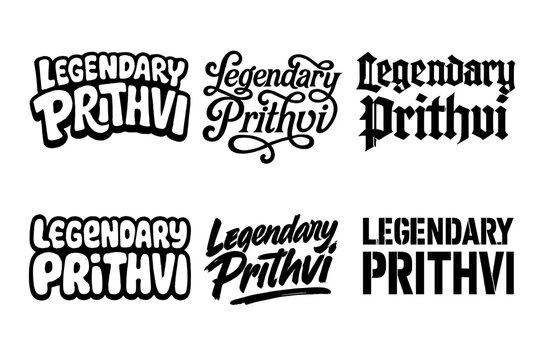 Prithvi Lettering Styles. Legendary Prithvi. Set lettering. harmonious lettering variations of the same emblematic concept (Funky cartoon-style lettering,