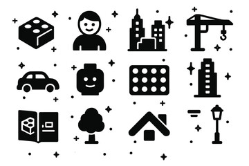 Obraz premium LEGO City Creations. Children Building LEGO Cities. Solid icons set of Children Building LEGO Cities: LEGO brick, child figure, city skyline, construction