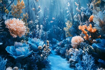 A captivating underwater-themed garden filled with shades of blue and coral flowers,