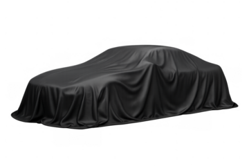 New car unveiling concept showing a sedan vehicle covered with black silk fabric on transparent background