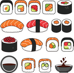 Assortment of Japanese Sushi Rolls and Nigiri Vector Icons Set