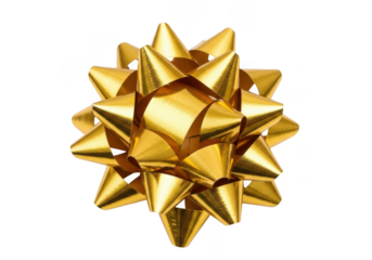 A shiny golden starburst gift bow isolated on transparent background, perfect for celebrations and presents