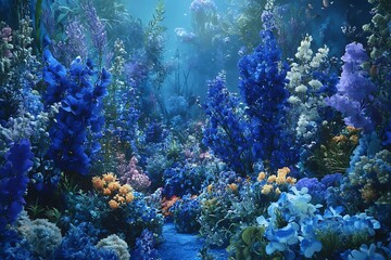 A captivating underwater-themed garden filled with shades of blue and coral flowers,