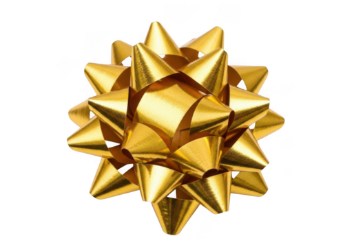 A shiny golden starburst gift bow isolated on transparent background, perfect for celebrations and presents