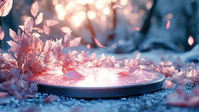 Enchanted autumn scene with glowing portal and pink leaves in mystical forest