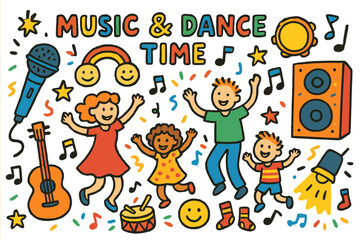 Fototapeta premium Musical Celebration Doodle. Music and dance time. Colorful Hand-drawn doodle Children illustration Music and dance time microphone, speaker, notes, tambourine,