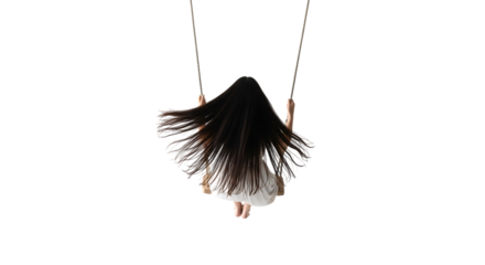 Young girl with long dark hair in a white dress on a swing isolated on a transparent background playground