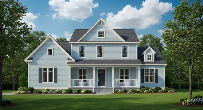 Light blue house with white trim and dark shutters