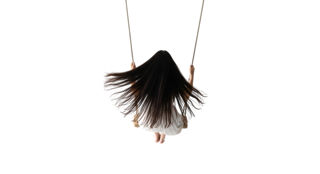 Young girl with long dark hair in a white dress on a swing isolated on a transparent background playground