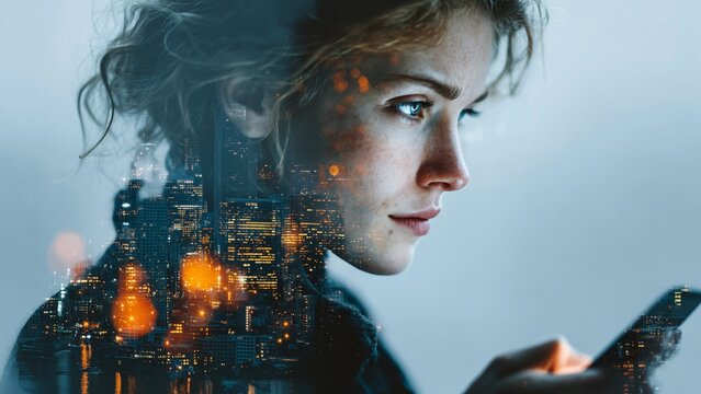 Cinematic Shot: Businesswoman Leader Holding Smartphone with Glowing Financial Data and Futuristic City