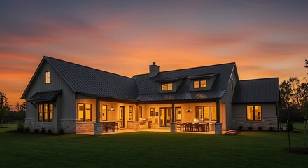 Fototapeta premium Modern farmhouse exterior at dusk sunset