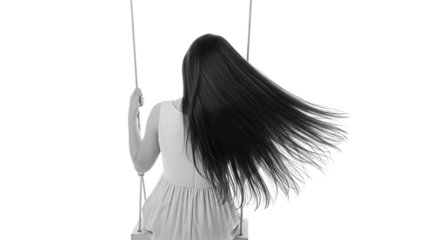 Woman with long dark hair on a swing with white dress isolated on a transparent background long hair