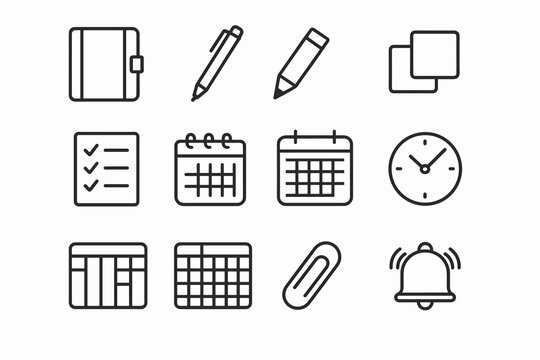 Planning Toolkit Icons. Planning toolkit. Line outline icon set of planning toolkit: planner notebook, pen,