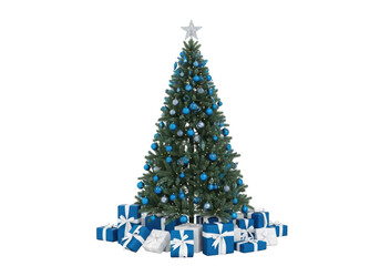 A beautifully decorated christmas tree with blue ornaments and presents, isolated on transparent background