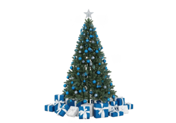A beautifully decorated christmas tree with blue ornaments and presents, isolated on transparent background