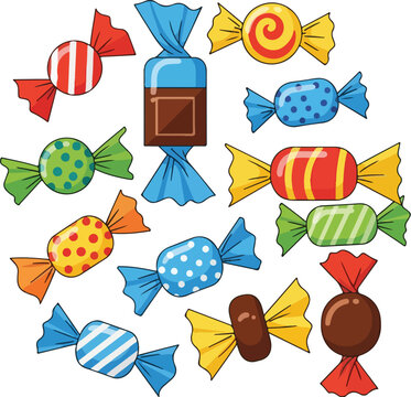 Assortment of Colorful Wrapped Candies and Chocolates Illustration
