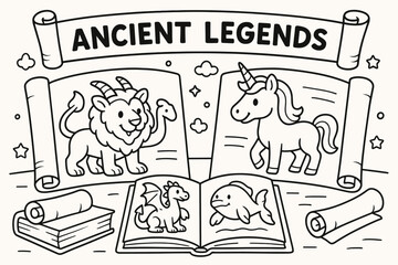 Obraz premium Mythical Creatures Coloring Page. Ancient legends learning page children?s coloring book illustration, outlined drawing, scrolls and books open to pictures of