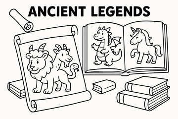 Mythical Creatures Coloring Page. Ancient legends learning page children?s coloring book illustration, outlined drawing, scrolls and books open to pictures of