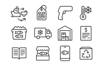 Seafood Traceability Icons. Seafood Traceability. Line icon set of Seafood Traceability: boat to market arrows, QR tag, barcode scanner, cold chain