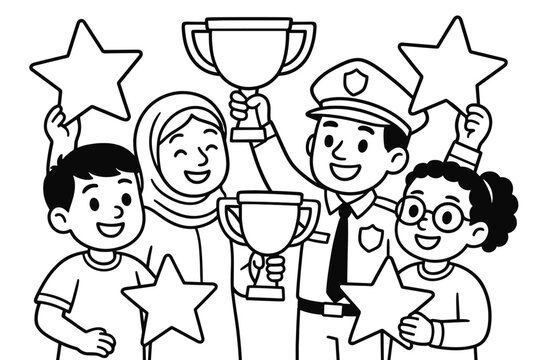 Trophy Celebration Coloring. Celebrating achievements children?s coloring book illustration, outlined drawing,
