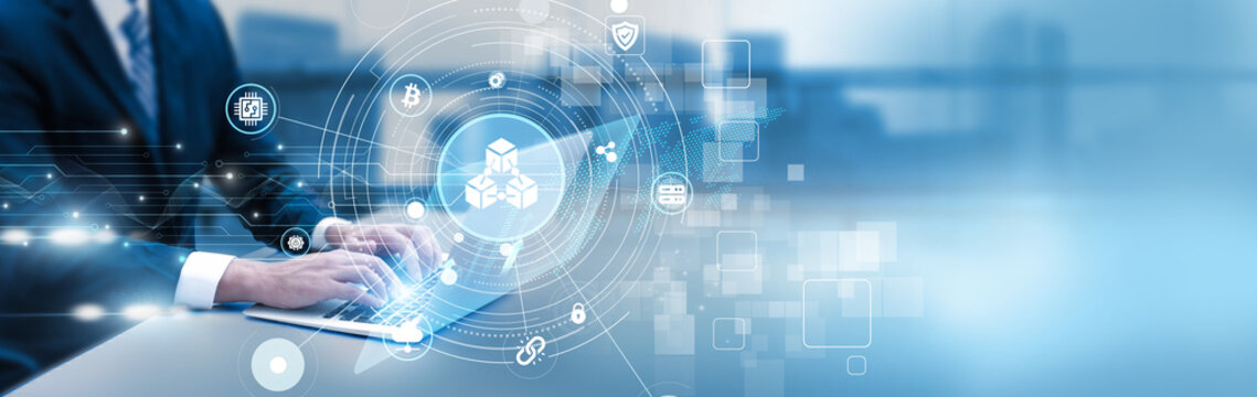 Developer analyzing blockchain transactions on laptop, decentralized ledger system, cryptocurrency data, and secure digital network. - Powered by Adobe