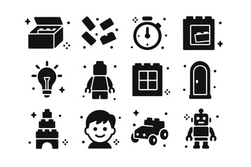 Creative Building Icons. Creative Building Time. Solid icons set of Creative Building Time: open box of bricks, scattered pieces, timer clock, sketchbook, idea