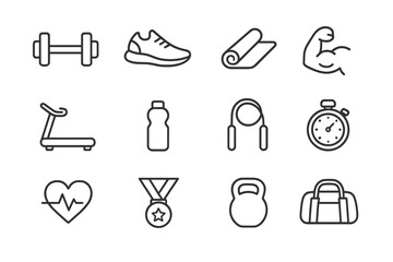 Fitness Icon Set. Fitness routine. Line icon set of fitness routine: dumbbell, running shoe, yoga mat, flexed bicep, treadmill, water bottle, jump rope,