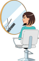 Woman Looking at Haircut Reflection with Scissors and Comb in Salon Mirror