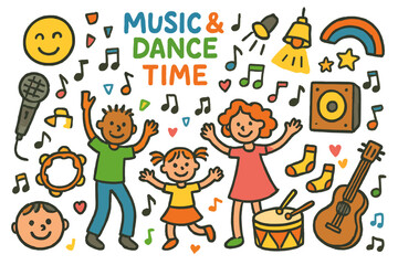 Fototapeta premium Musical Celebration Doodle. Music and dance time. Colorful Hand-drawn doodle Children illustration Music and dance time microphone, speaker, notes, tambourine,