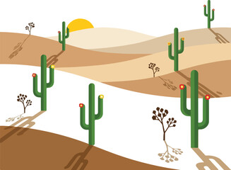 Vibrant Flat Illustration of a Desert Landscape with Saguaro Cacti at Sunrise