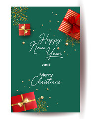 Merry Christmas and Happy New Year background for Greeting cards with tree Branches christmas tree gold paper and gold stars. Merry Christmas vector text Calligraphic Lettering Vector illustration