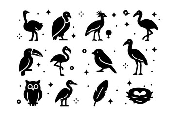 Naklejka premium Savanna Bird Icon Set. Savanna Birds. Solid icons set of Savanna Birds: ostrich, vulture, secretary bird, crowned crane, hornbill, flamingo, weaver bird,