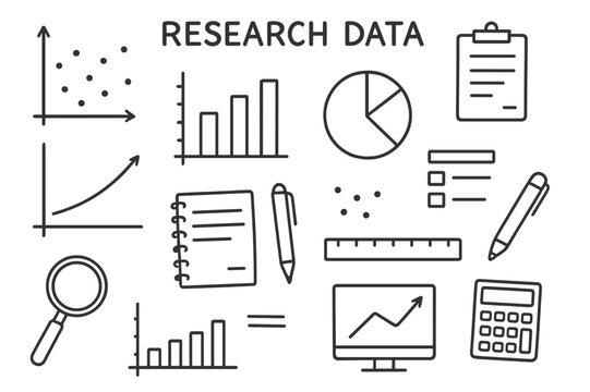 Research Data Icons. Research Data. Hand-drawn doodle illustration Research Data scatter plot, bar chart, line graph, pie chart, axes, clipboard, trend line,