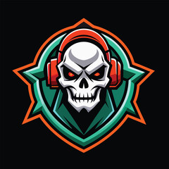 Fototapeta premium Aggressive skull wearing headphones, gaming emblem