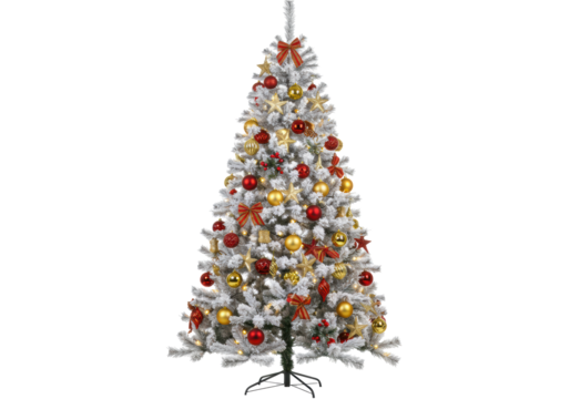 A magnificent, symmetrically formed, flocked white Christmas tree, adorned with red, gold, bronze baubles and gold stars, on a stark white studio background with copy space, elegant holiday marketing