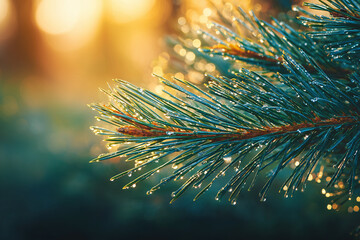 close-up photograph captures pine needles glistening with dew drops in the warm light of sunrise. Each droplet sparkles reflecting golden hues that contrast with the lush green tones of the pine